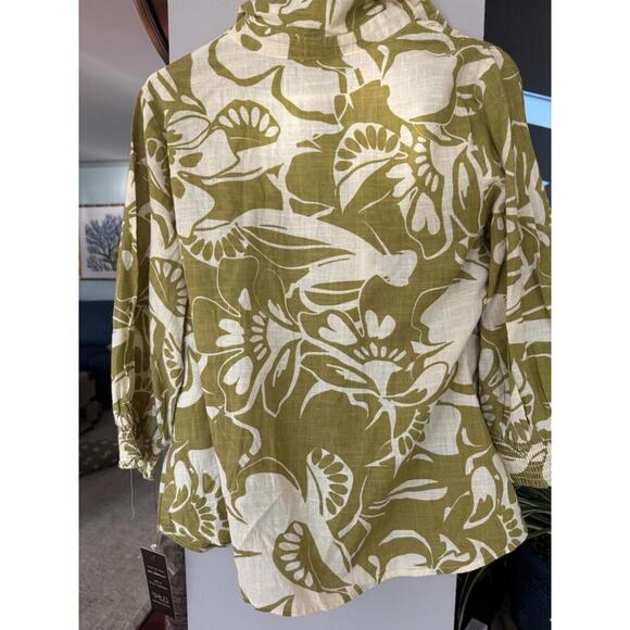 Unique Spectrum by MLLE Womens blouse L green white botanical 100% cotton - Picture 4 of 4